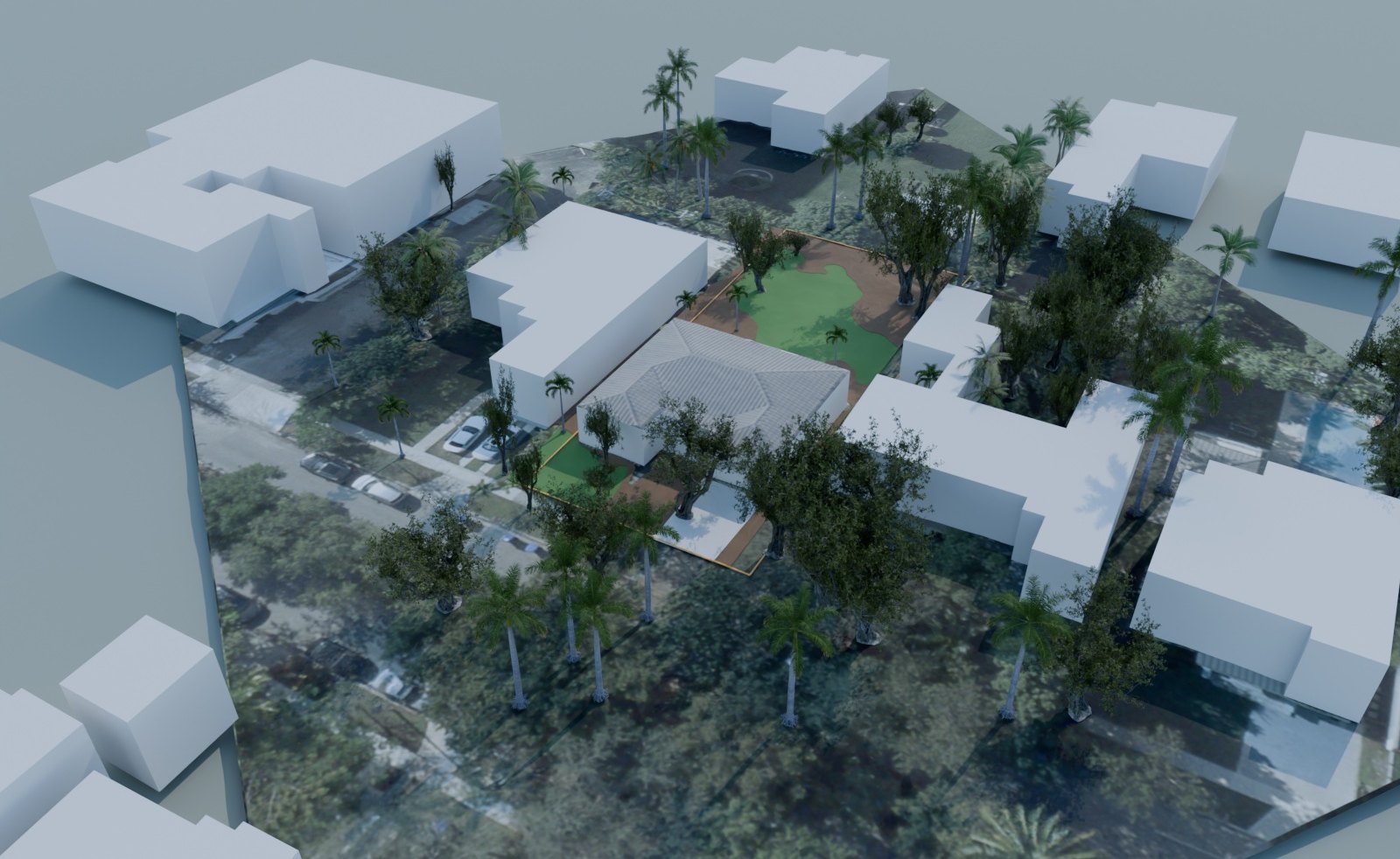 Blender render of a test property from above, with trees, palms, lawn and neighbouring houses