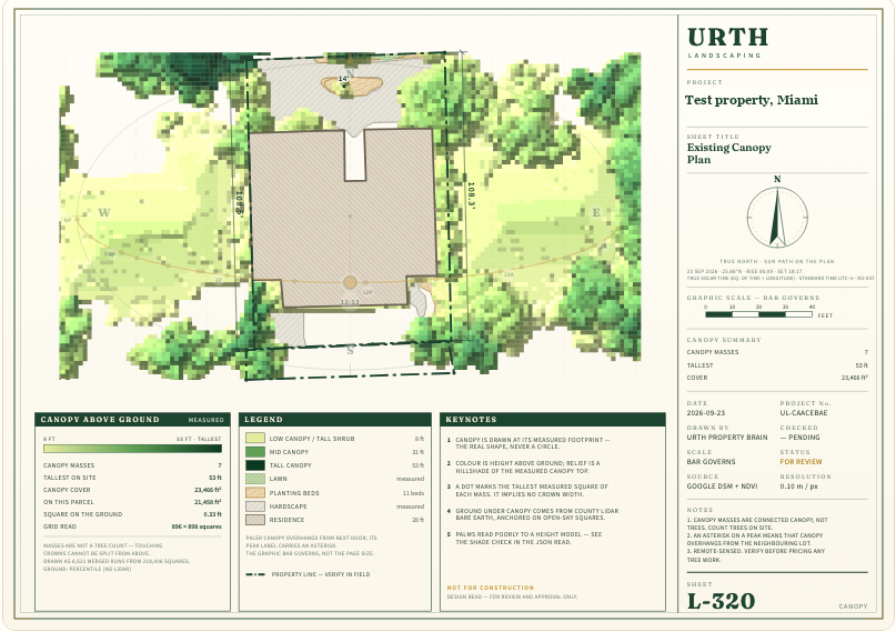 The Brain's existing canopy sheet: tree canopy coloured by height around the house