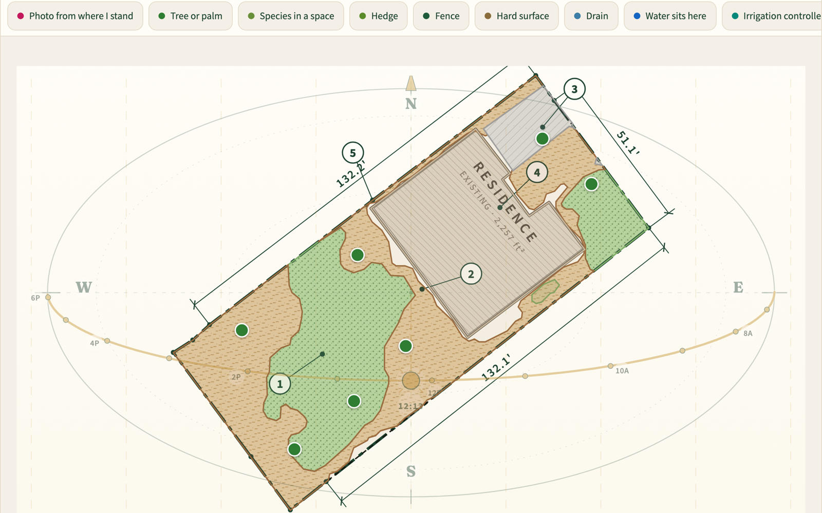 The site-visit capture tool over a LaunchPad plan: pins for trees, fence, drains and photos around a house